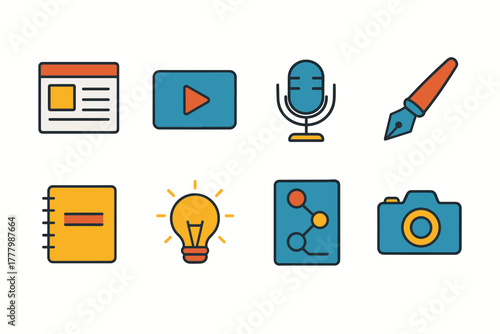 A set of icons related to creativity and media, in a colorful stylized design. The icons are made in a combination of blue, yellow, orange, and green colors with a flat design.