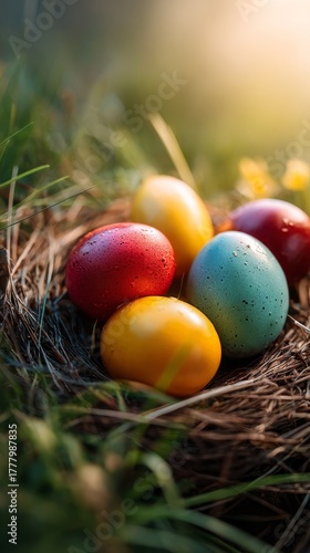 Colorful Eggs Resting in a Natural Nest During a Warm Spring Day