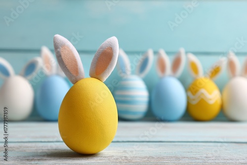 Colorful Easter Eggs With Bunny Ears Arranged on a Wooden Surface During Spri...