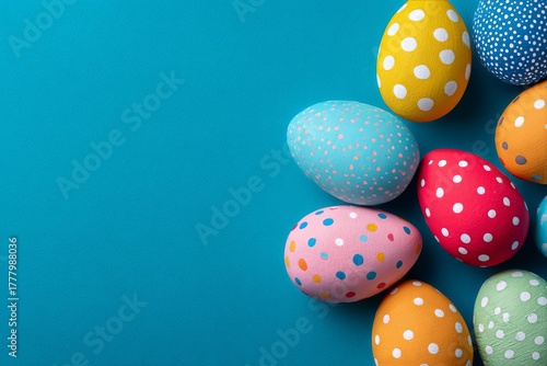 Colorful Easter Eggs Arranged on a Bright Blue Background for Festive Celebra...