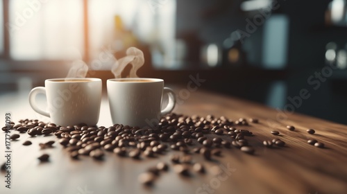 Coffee cups with latte art surrounded by roasted beans