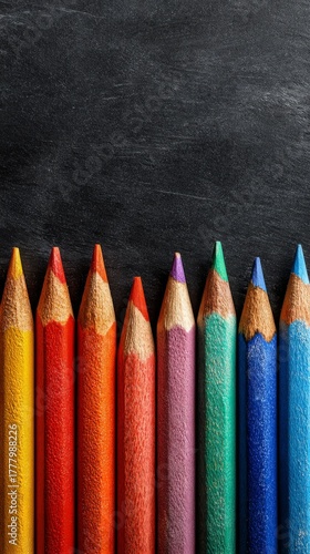 Colorful Pencils Arranged on a Black Surface Provide a Vibrant Art Display