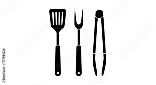 Barbecue tools set — spatula, fork, and tongs — minimalist black and white vector design