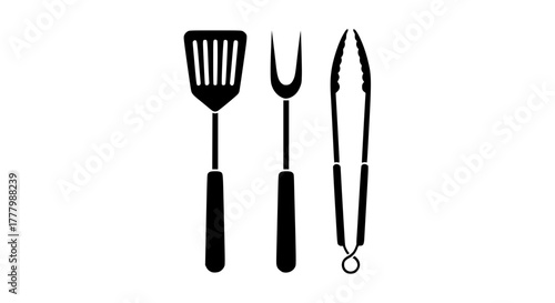 Barbecue tools set — spatula, fork, and tongs — minimalist black and white vector design