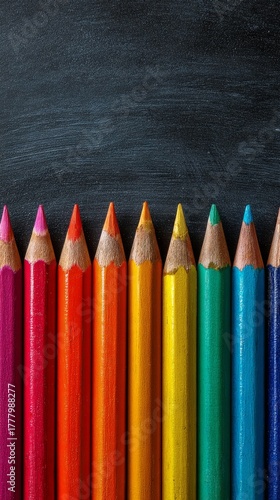Colorful Pencils Arranged on a Black Surface Provide a Vibrant Art Display