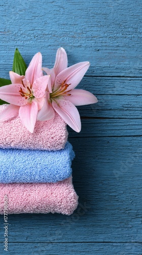 Towels Stacked Neatly With Pink Lilies on a Blue Wooden Surface