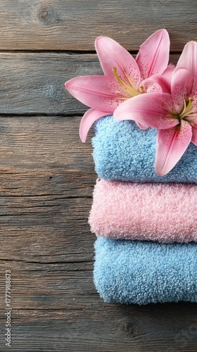 Towels Stacked Neatly With Pink Lilies on a Blue Wooden Surface