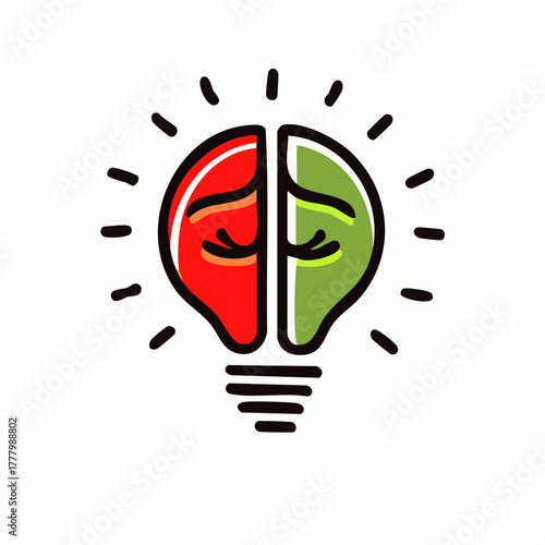 A stylized brain split into red and green sections with black outlines, bursting with rays