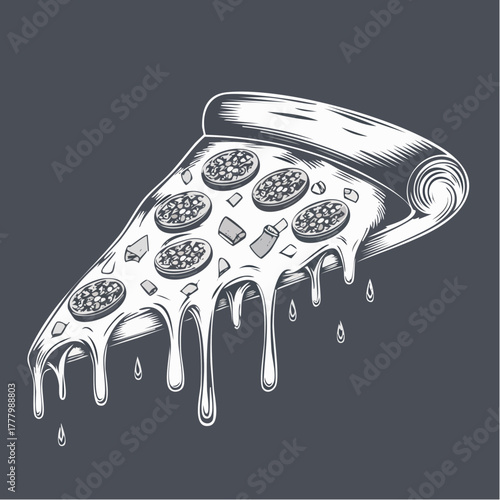 A graphic slice of pizza with pepperoni, cheese, and toppings on a dark grey background