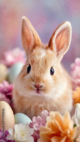 Cute Rabbit Surrounded by Colorful Eggs and Flowers in a Bright Spring Setting