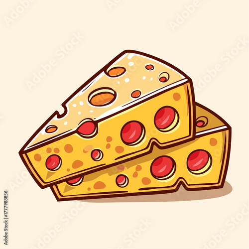 Cartoon illustration of a cheese wedge with holes on a light beige background