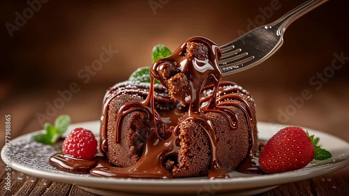 Chocolate cake is being cut with a fork revealing gooey filling. Warm inviting atmosphere with wooden table setting. Concept of desserts, bakeries, restaurants