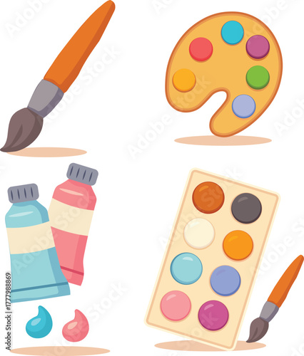Colorful art supplies set, playful flat illustration of paintbrushes, paint tubes, a palette, and watercolor pans, vector design isolated on a transparent background