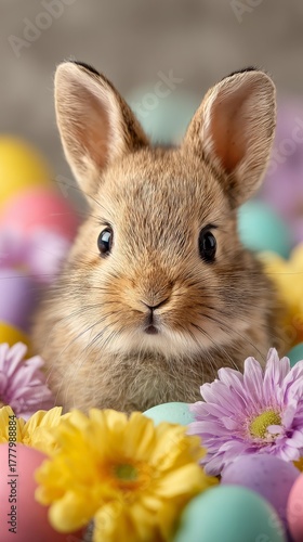 Cute Rabbit Surrounded by Colorful Eggs and Flowers in a Bright Spring Setting