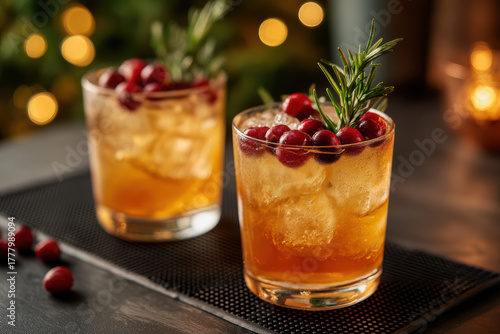 Festive Holiday Cocktails with Cranberries and Rosemary in Warm Amber Light for Winter Celebration