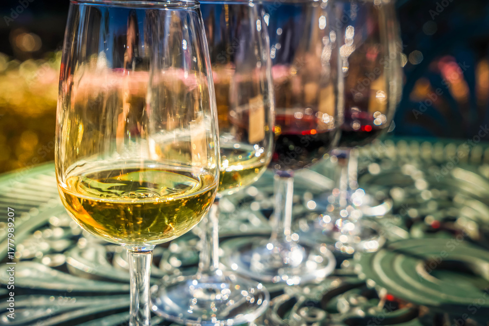 Fototapeta premium port wine testing, glasses with drink - white and red