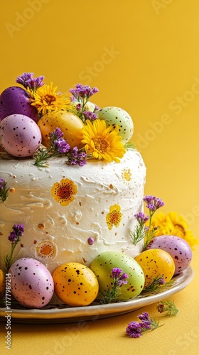 Colorful Easter Cake Decorated With Flowers and Eggs for Spring Celebration