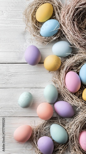 Colorful Easter Eggs and Willow Branches on Wooden Surface for Spring Decoration