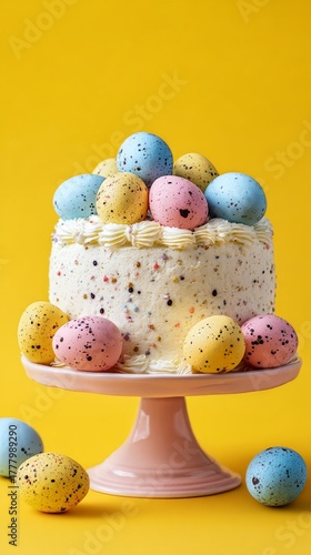 Colorful Easter Cake Decorated With Flowers and Eggs for Spring Celebration