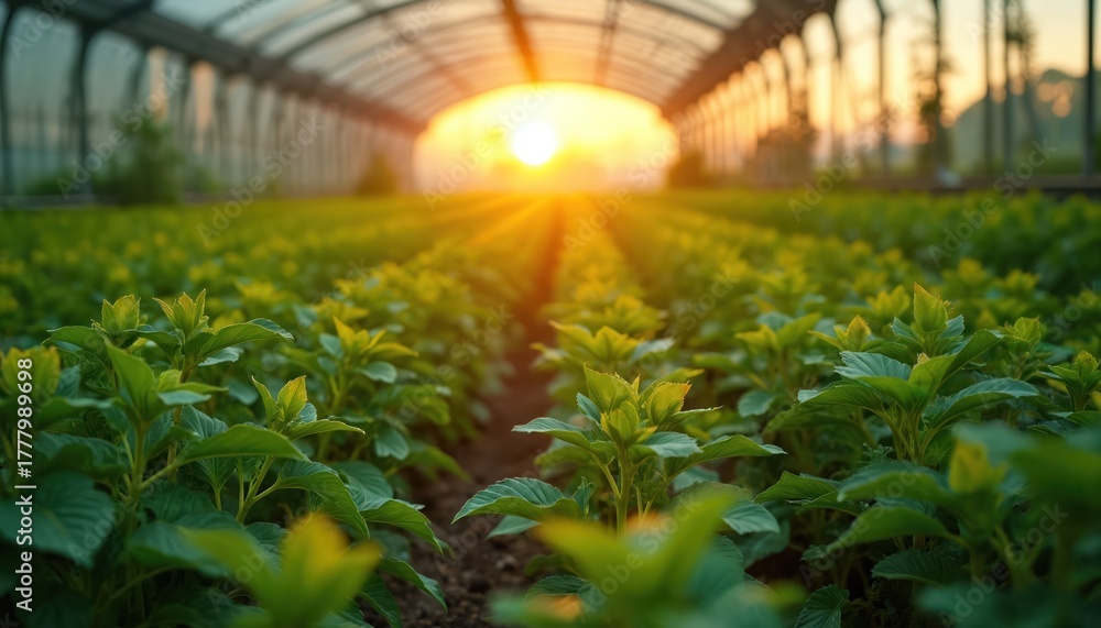 Naklejka premium Greenhouse with crops bathed in sunlight eco challenges. Farming under artificial sun raises questions on food production. Concept illustrates impact of climate change on agriculture, resources.
