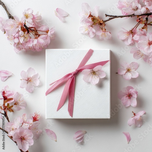Beautiful Gift Box Decorated With Pink Flowers on a Soft White Background in ...