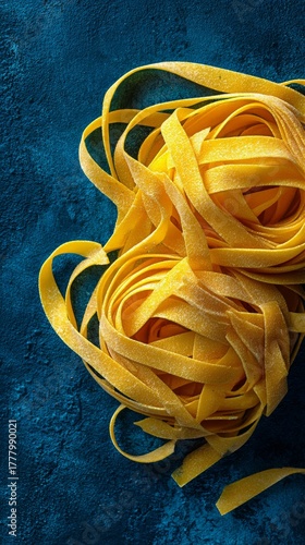 Fresh Fettuccine Pasta Laid on a Blue Textured Surface Ready for Cooking