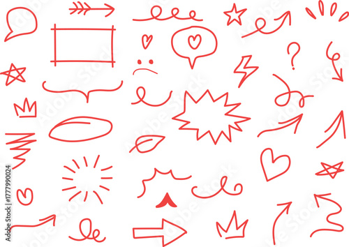 Hand drawn doodle red outline vector icon set