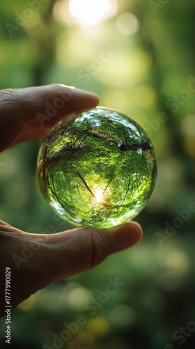 Hand Holding a Glass Orb Reflecting a Forest Scene in Bright Sunlight