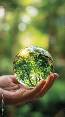 Glass Sphere Reflecting a Serene Green Forest With Sunlight Filtering Through...