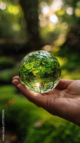 Crystal Ball Reflects Green Forest in Human Hand During Bright Daylight