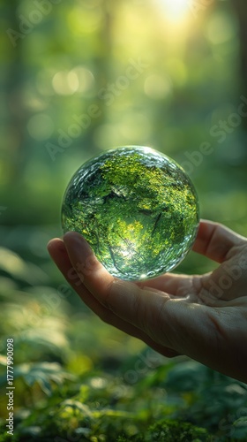 Glass Sphere Reflecting a Serene Green Forest With Sunlight Filtering Through...