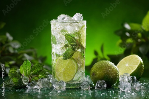 Refreshing Mint Mojito With Lime and Ice in a Glass on a Green Background