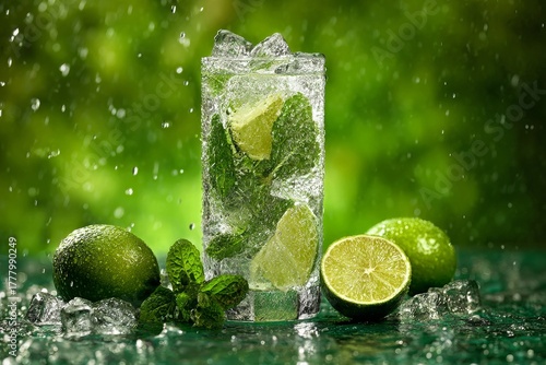 Refreshing Mint and Lime Drink Served With Ice on a Sunny Day