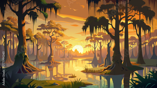 Very beautiful bald cypress trees with hanging Spanish moss illuminated by the first rays of the sun at Lake Martin, Louisiana, serene swamp landscape with golden reflections and tranquil morning mist