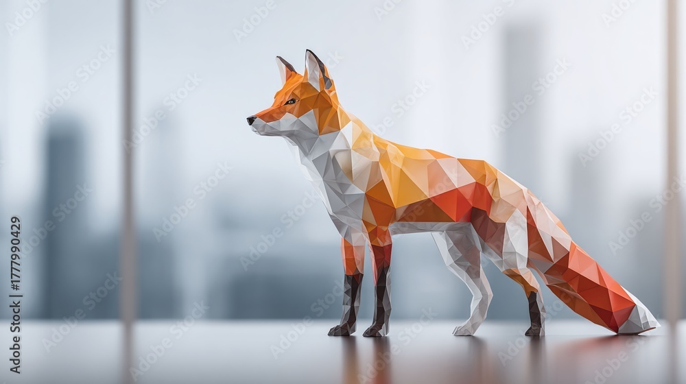 Fototapeta premium A polygonal fox sculpture graces a glossy surface, its geometric design a fusion of nature and artistry. The blurred cityscape in the backdrop adds an urban sophistication.