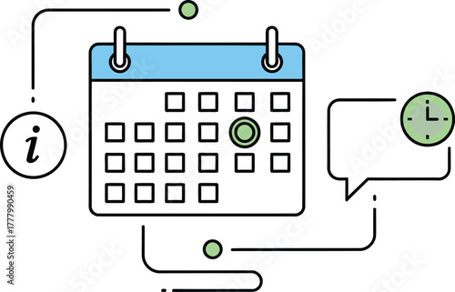 Calendar with information and notification icons for scheduling and planning
