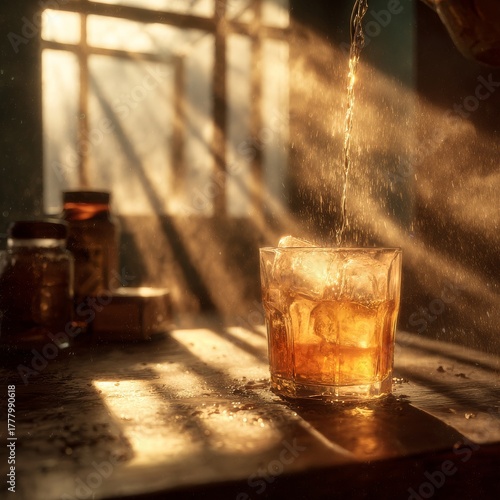 Refreshing Drink Being Poured Into a Glass With Sunlight Beams Illuminating t...