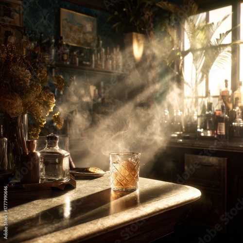 Warm and Inviting Cocktail Bar Scene With Sunlight Streaming Through Windows
