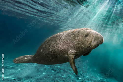 'Spotlight' This young manatee was caught in a sunbeam as it swam just below the surface in Crystal River Florida. It swam up to take a peek at me then, curiosity satisfied, moved on downstream.
