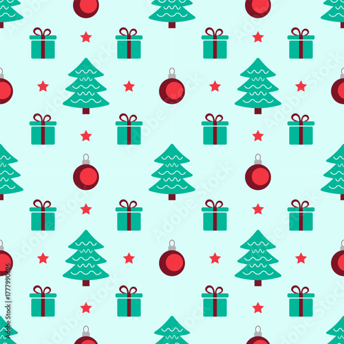 Winter Сhristmas pattern with decorative elements: Christmas trees, New Year's balls, gifts, stars. Pattern for textile and fabric, wrapping paper