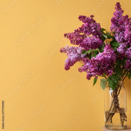 Beautiful Lilac Flowers in a Clear Glass Vase Against a Warm Yellow Background