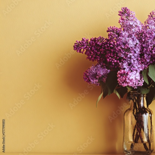 Beautiful Lilac Flowers in a Clear Glass Vase Against a Warm Yellow Background