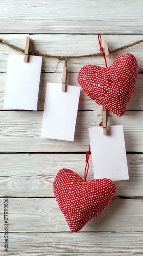 Decorative Cloth Hearts Hanging on a String With Empty Paper Notes for Messages
