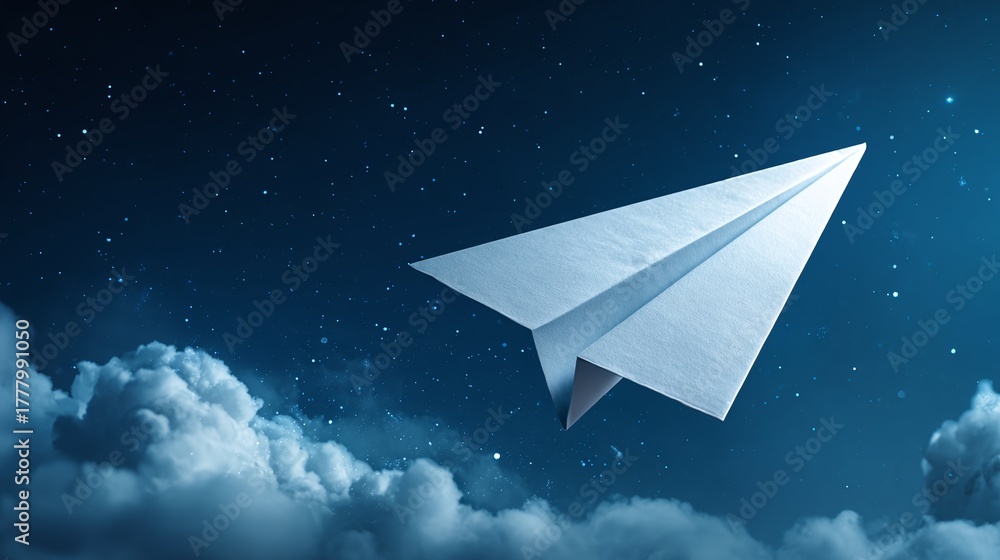 Fototapeta premium A paper airplane soars through the night sky, stars twinkling and clouds drifting below. Freedom in flight against a surreal background. Dreams take flight!