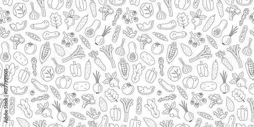 Seamless pattern with cute hand drawn outline vegetables on white background. Doodle veggies. Vitamin food in modern style. Autumn harvest farm festival. Healthy vegetarian nutrition.