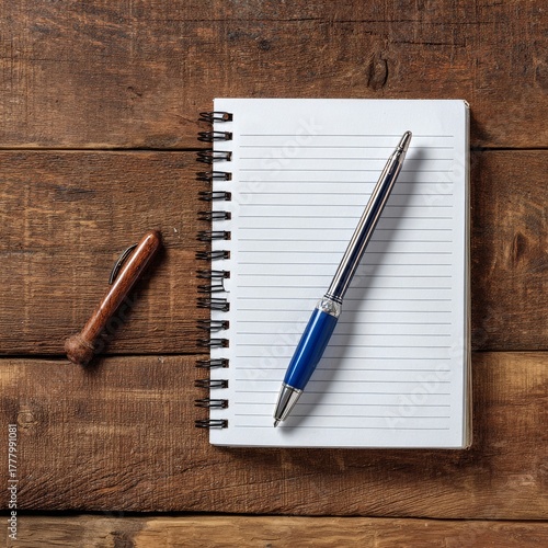 Notebook and Pen on Wooden Table With Blank Pages for Notes or Ideas