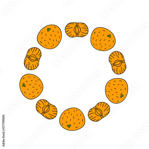 Cute round frame with doodle tangerines isolated on white background. Natural summer illustration. Circle composition with citrus fruits.