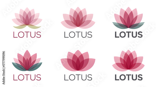 Six minimalist lotus flower logos with text isolated on a transparent background symbol graphic