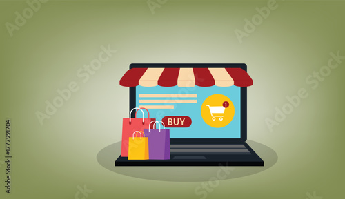  online shopping concept on laptop computer, e-shopping, and e-commerce, digital store with goods, vector flat graphic illustration