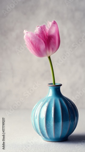 Pink Tulip in Blue Ceramic Vase on a Textured Surface in Soft Light